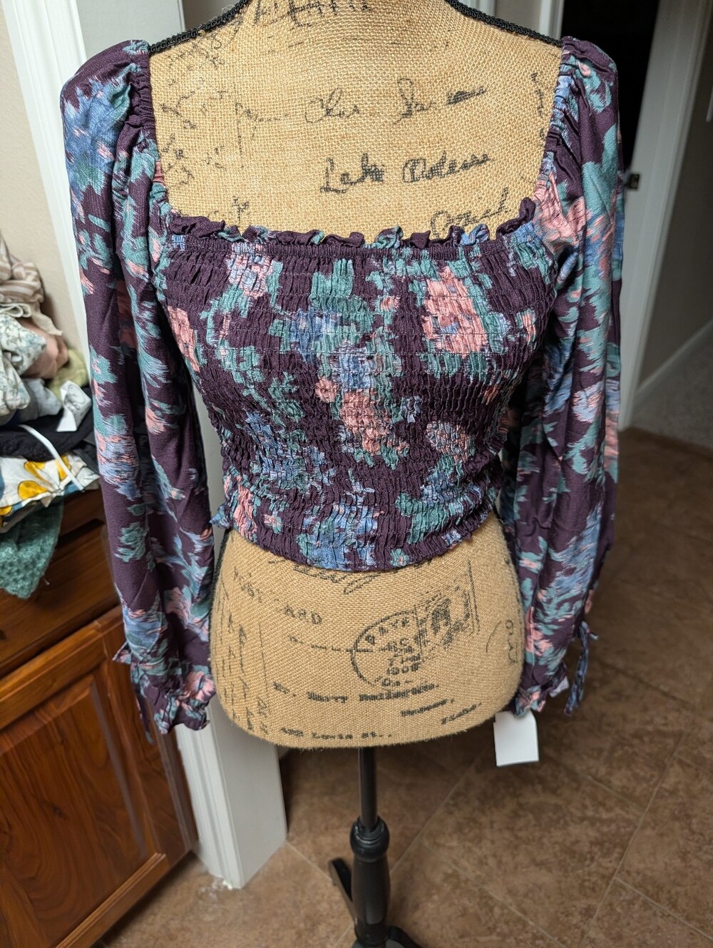 Plum Floral Smocked Square-Neck Crop Top